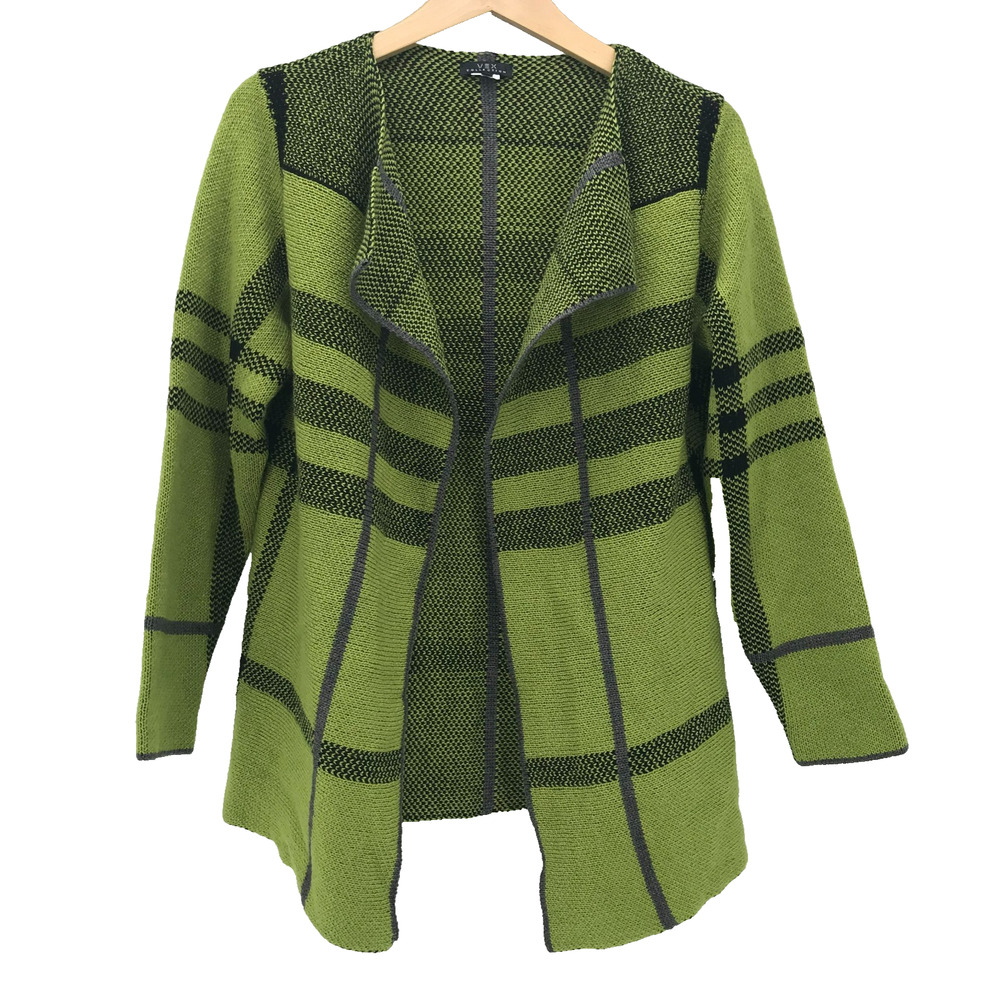 VEX Collection Sweater Womens Large Green Black Plaid Cardigan Open Front Knit